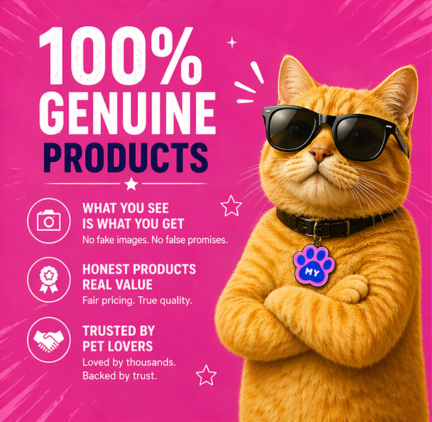 Cat wearing sunglasses and a 'My Paw' tag with promotional text on a pink background